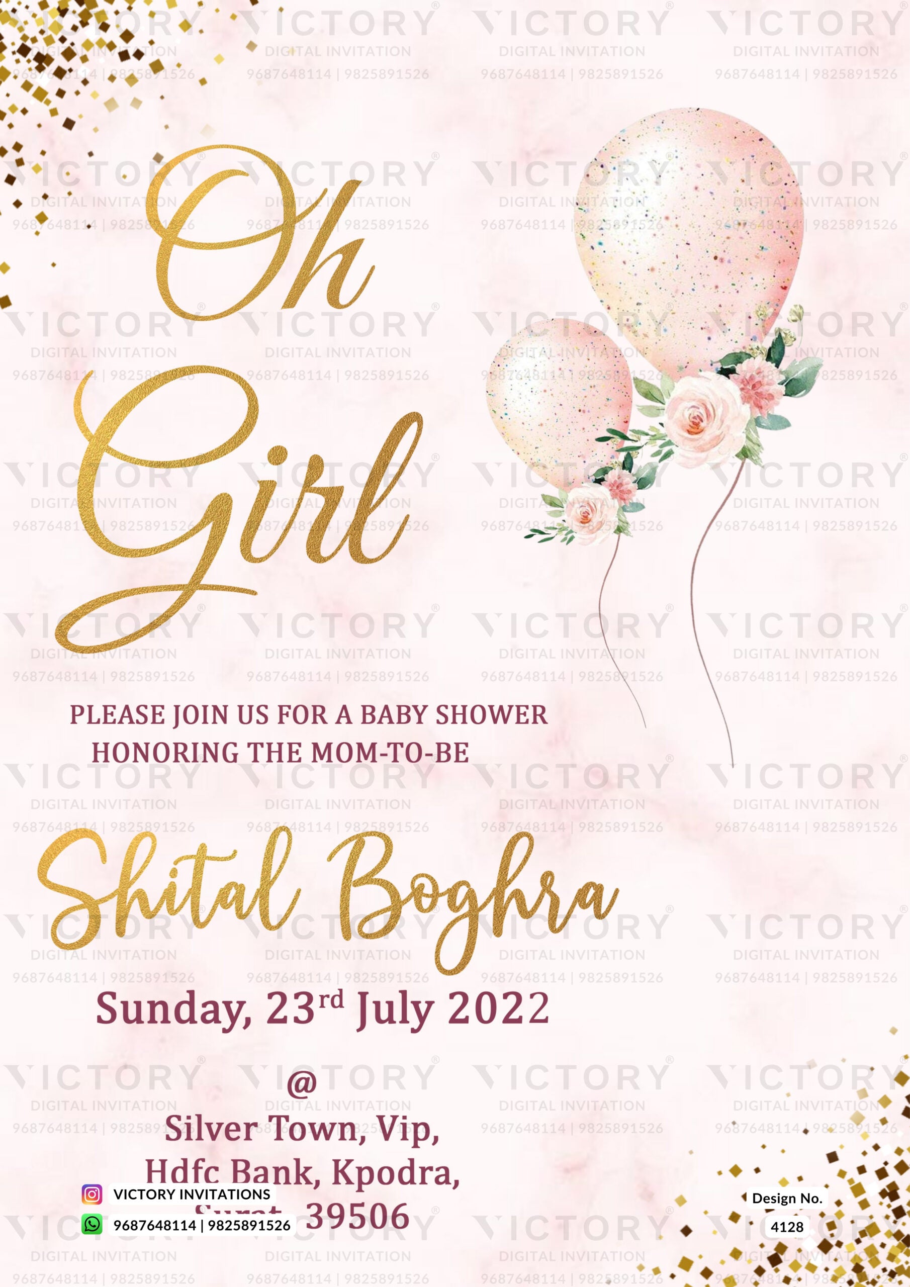 Baby Shower ceremony invitation card in english language with glitter as balloons theme design 4128