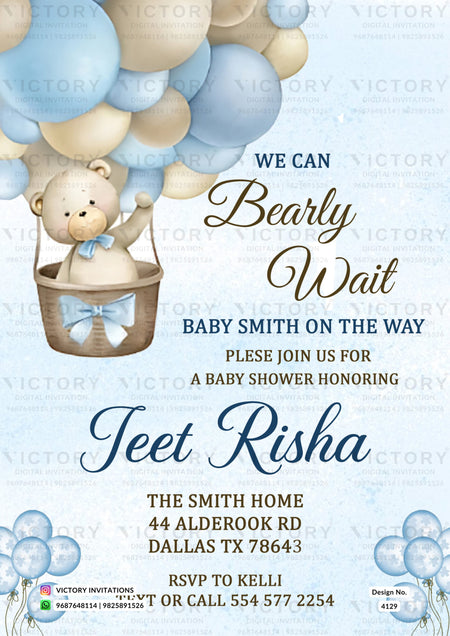 Baby Shower ceremony invitation card in english language with teddy bear as balloons theme design 4129