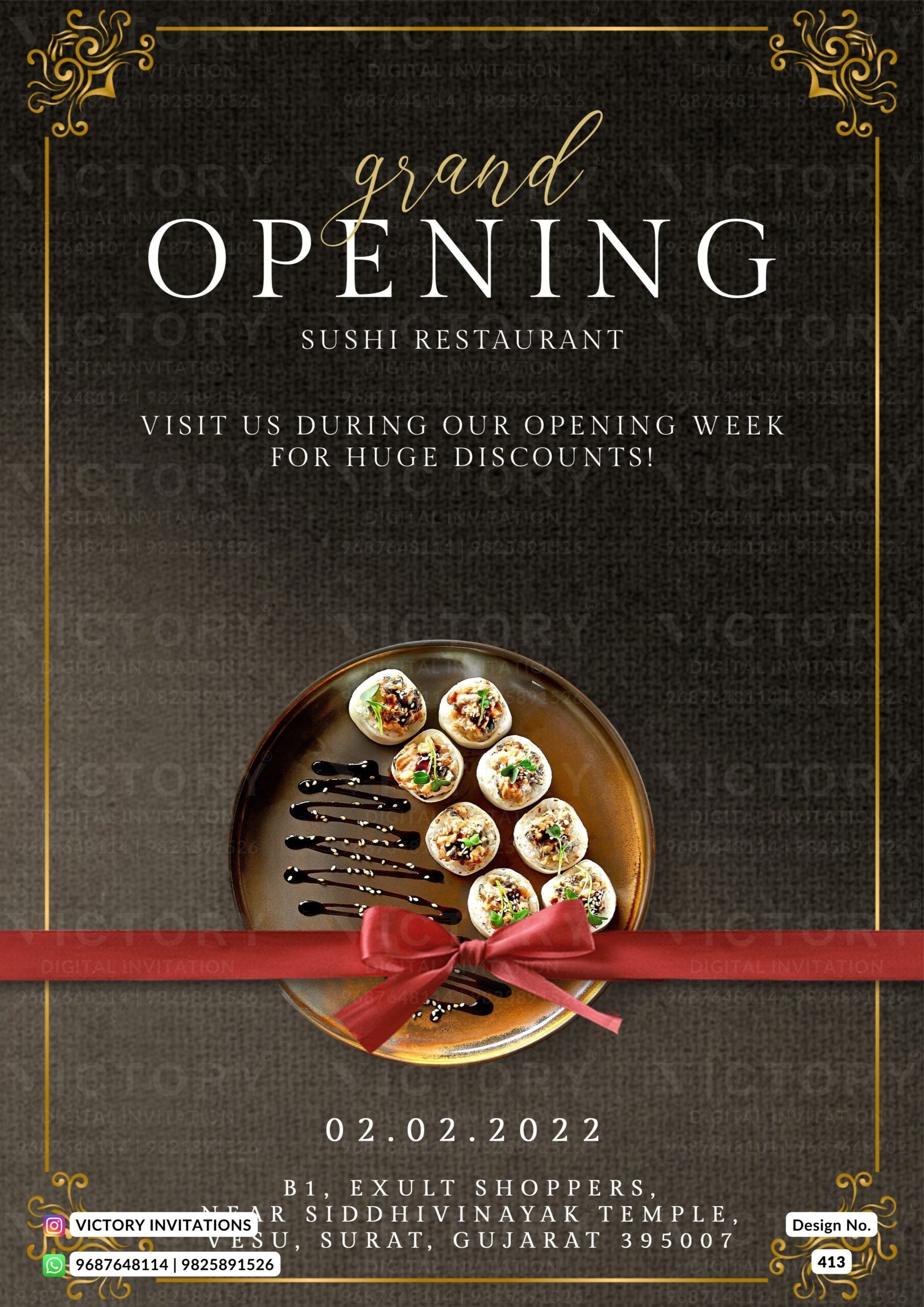 Opening invitation card in english language with ribin as minimalistic theme design 413