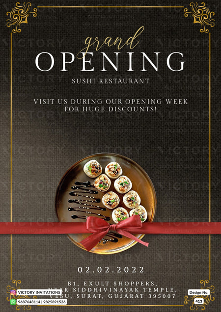 Opening invitation card in english language with ribin as minimalistic theme design 413