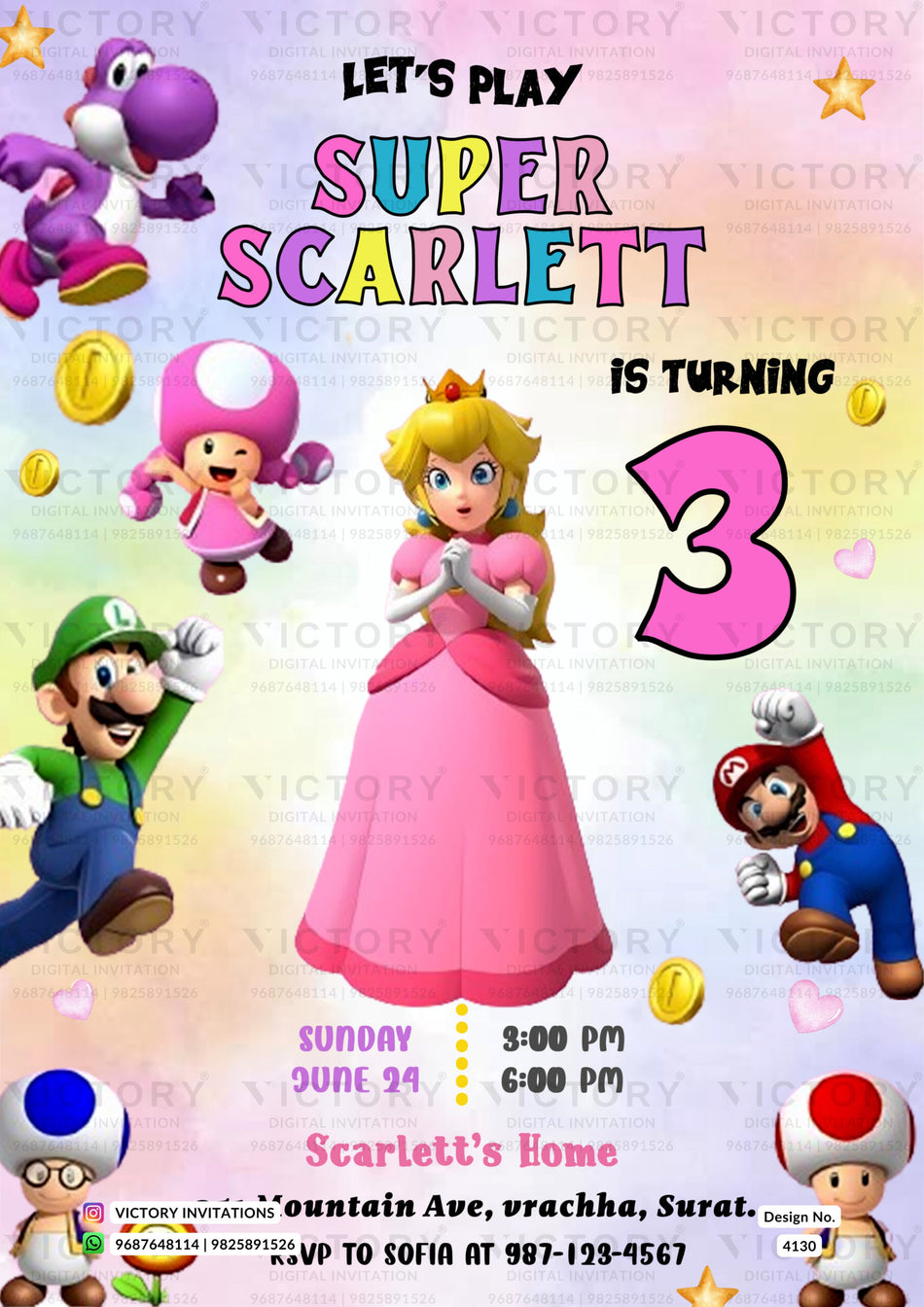 Birthday party invitation card for girl in english language with catoon theme design 4130