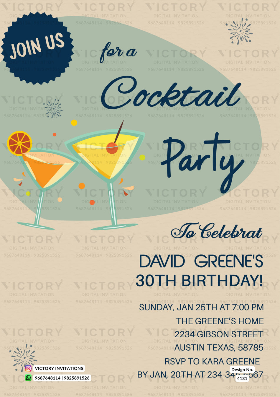 Cocktail Party invitation card in english language with cocktail glass as minimalistic theme design 4131