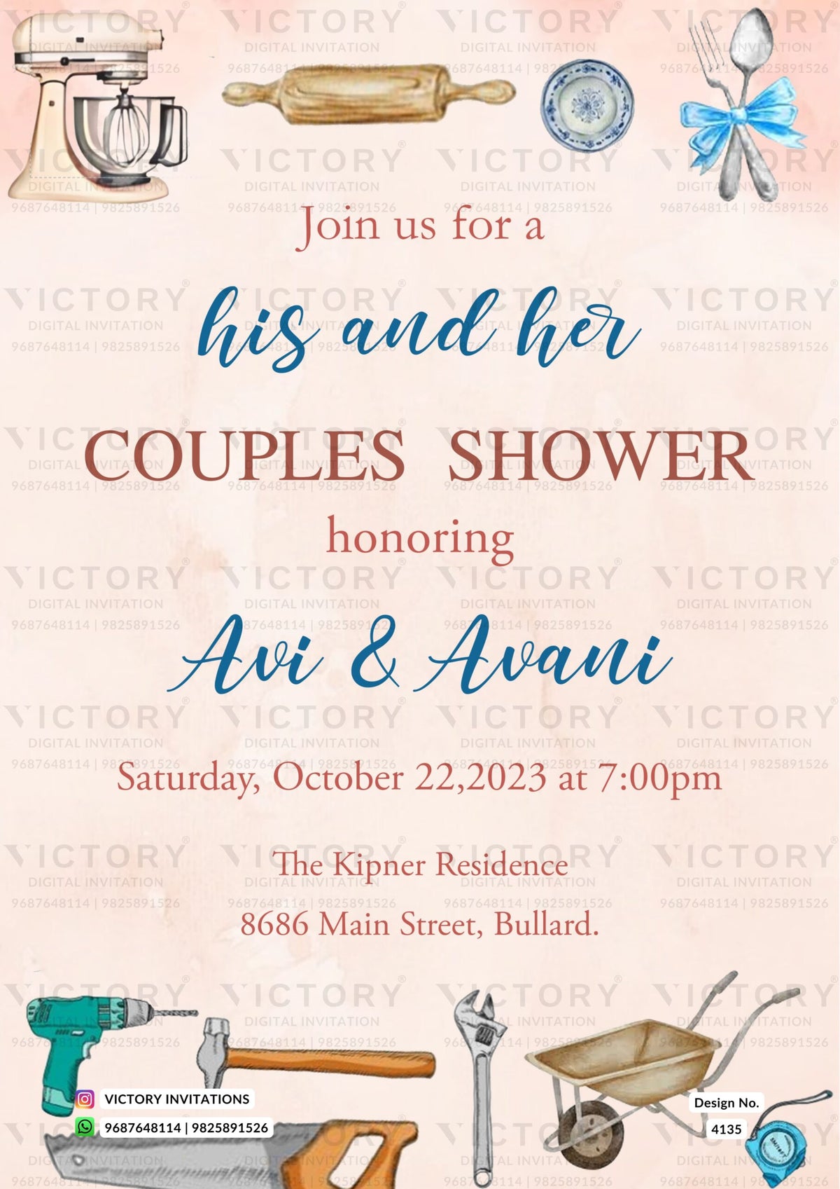 Wedding Couple Shower invitation card in english language with mixer, dish as minimalistic theme design 4135