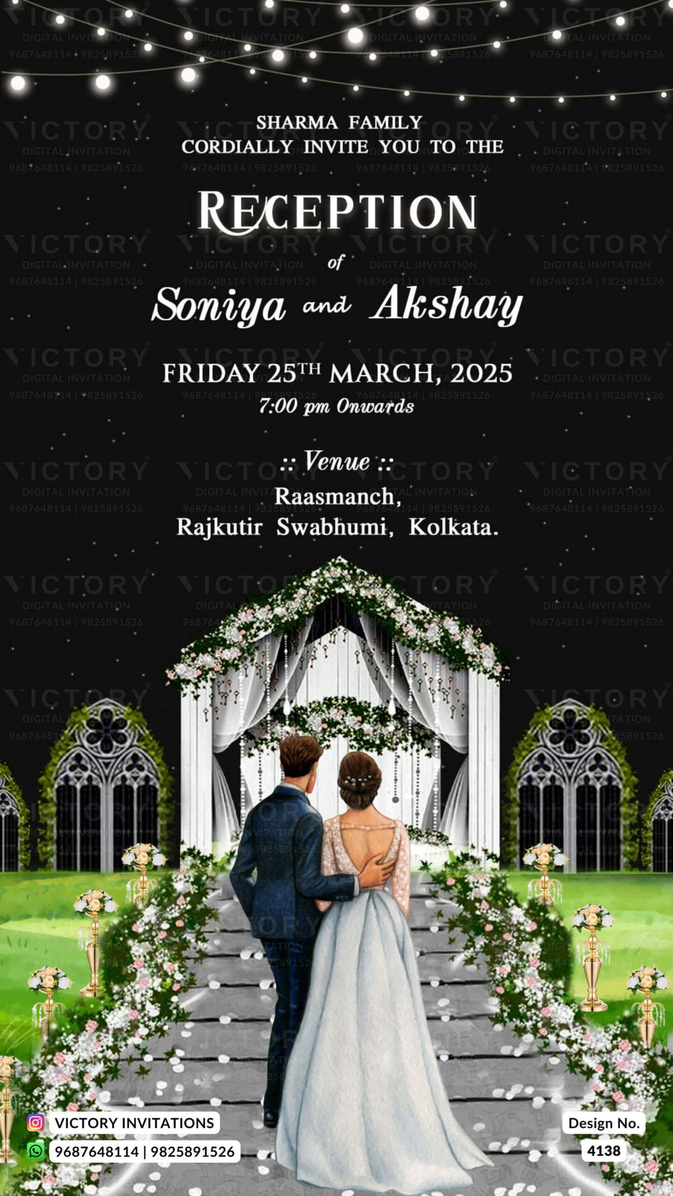 Reception Party invitation card in english language with stylish couple doodle, string lights as night view theme design 4138