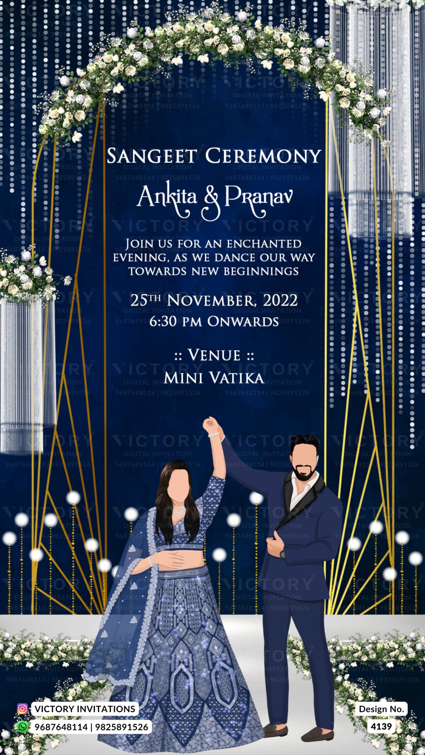Mehendi & Sangeet Sandhya Ceremony invitation card in english language with couple doodle, frame as romantic theme design 4139