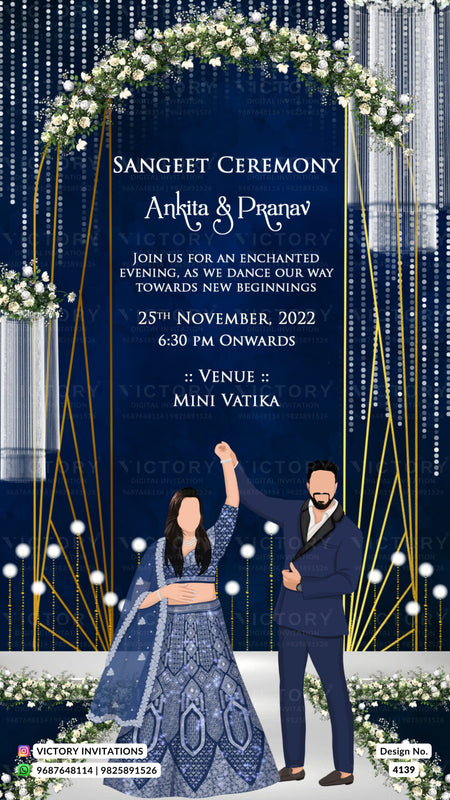Mehendi & Sangeet Sandhya Ceremony invitation card in english language with couple doodle, frame as romantic theme design 4139