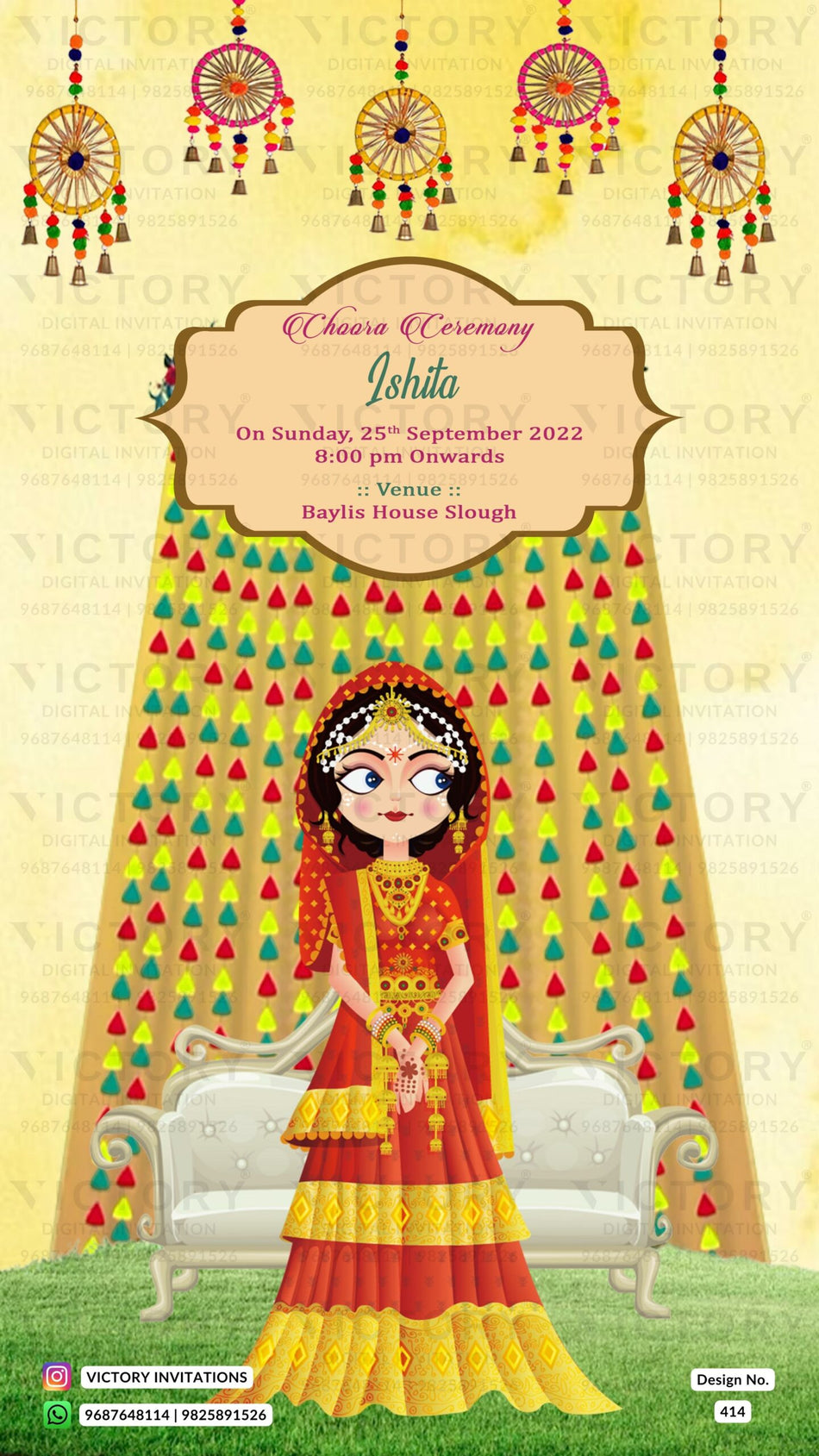 Choora ceremony invitation card in english language with traditional theme design 414