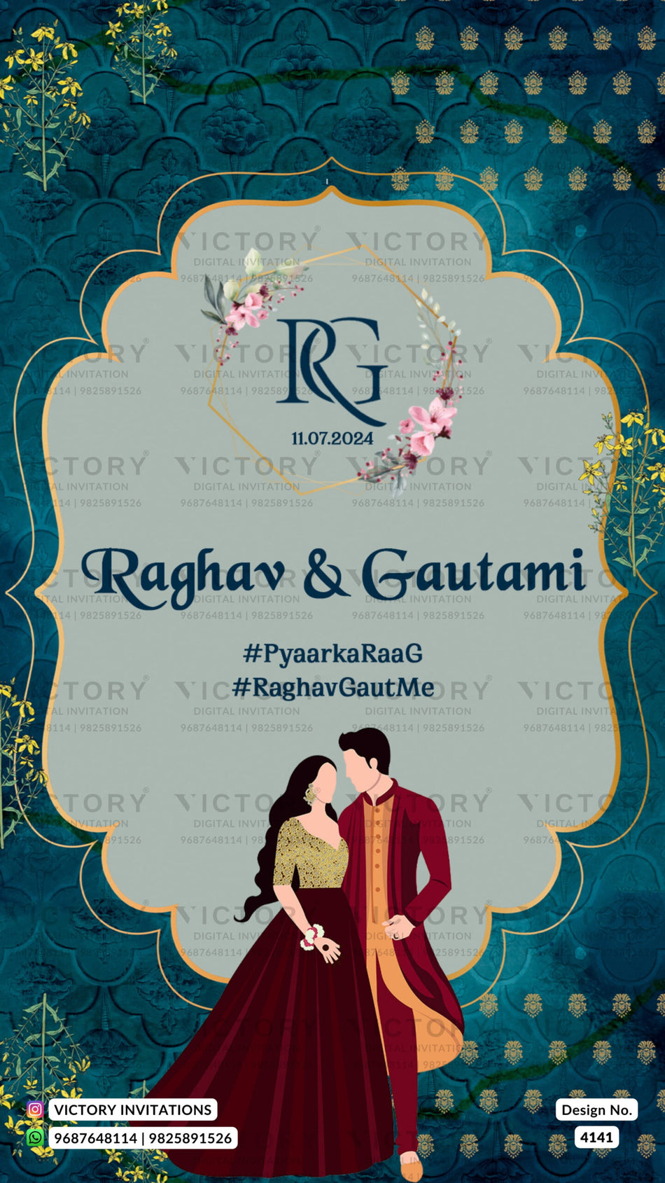Wedding ceremony invitation card of hindu modern family in english language with traditional theme design 4141