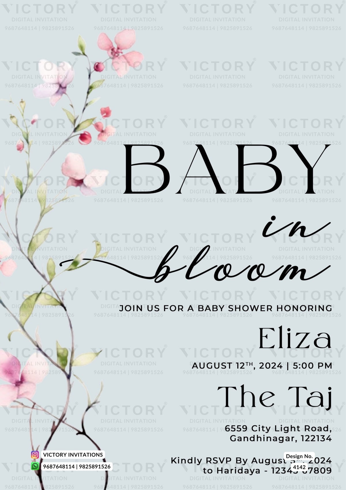 Baby Shower ceremony invitation card in english language with flowers as minimalistic theme design 4142