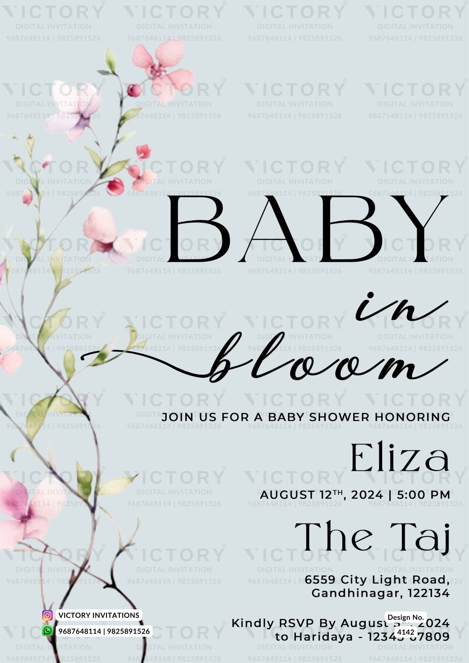 Baby Shower ceremony invitation card in english language with flowers as minimalistic theme design 4142
