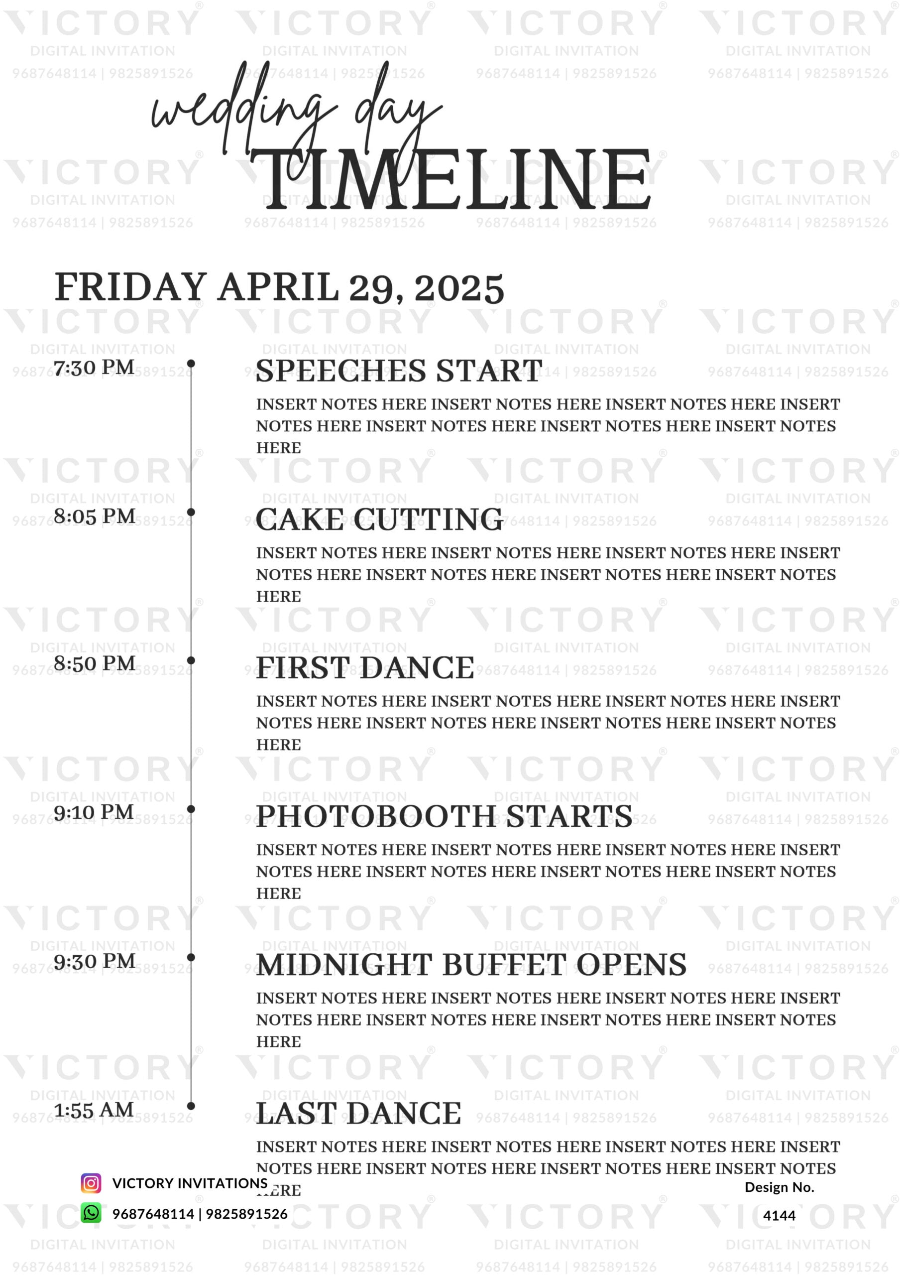 Wedding Timeline ceremony invitation card in english language with minimalistic theme design 4144