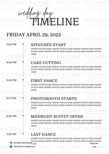 Wedding Timeline ceremony invitation card in english language with minimalistic theme design 4144