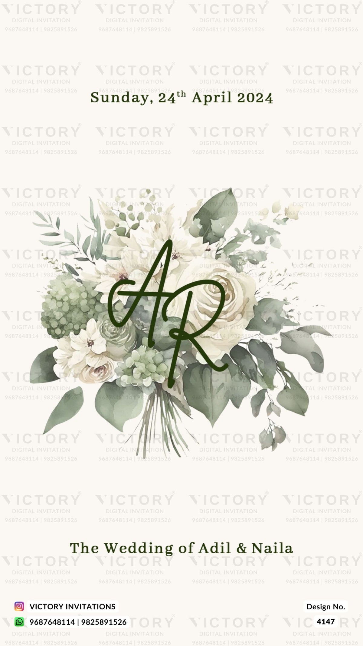 Nikah ceremony invitation card of Muslim family in english language with flowers as floral theme design 4147