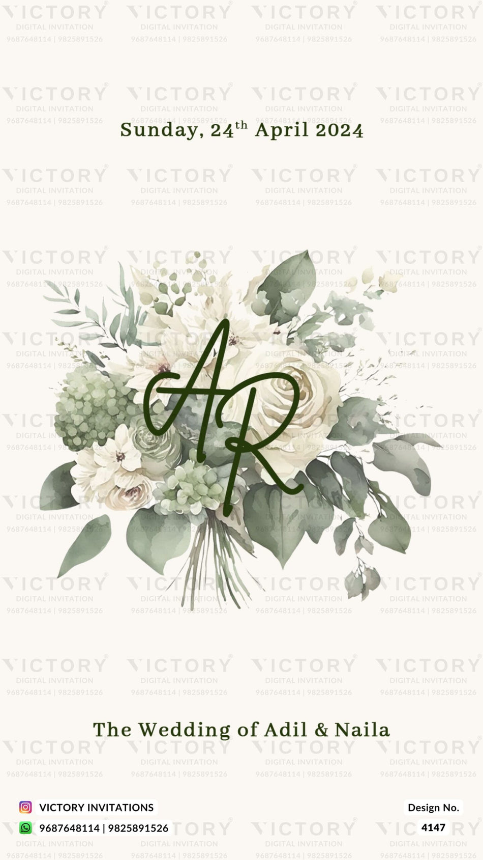 Nikah ceremony invitation card of Muslim family in english language with flowers as floral theme design 4147