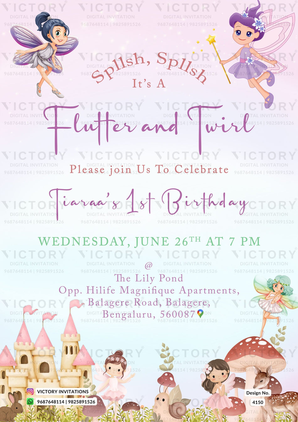 Birthday party invitation card for girl in english language with fairytale theme design 4150
