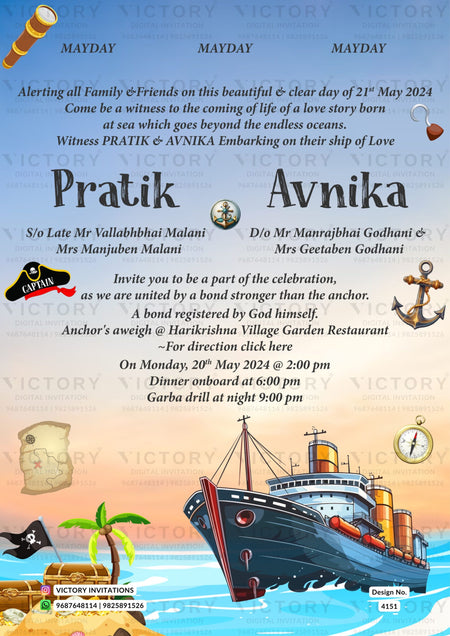 Wedding ceremony invitation card of hindu gujarati leuva family in english language with Navy theme design 4151