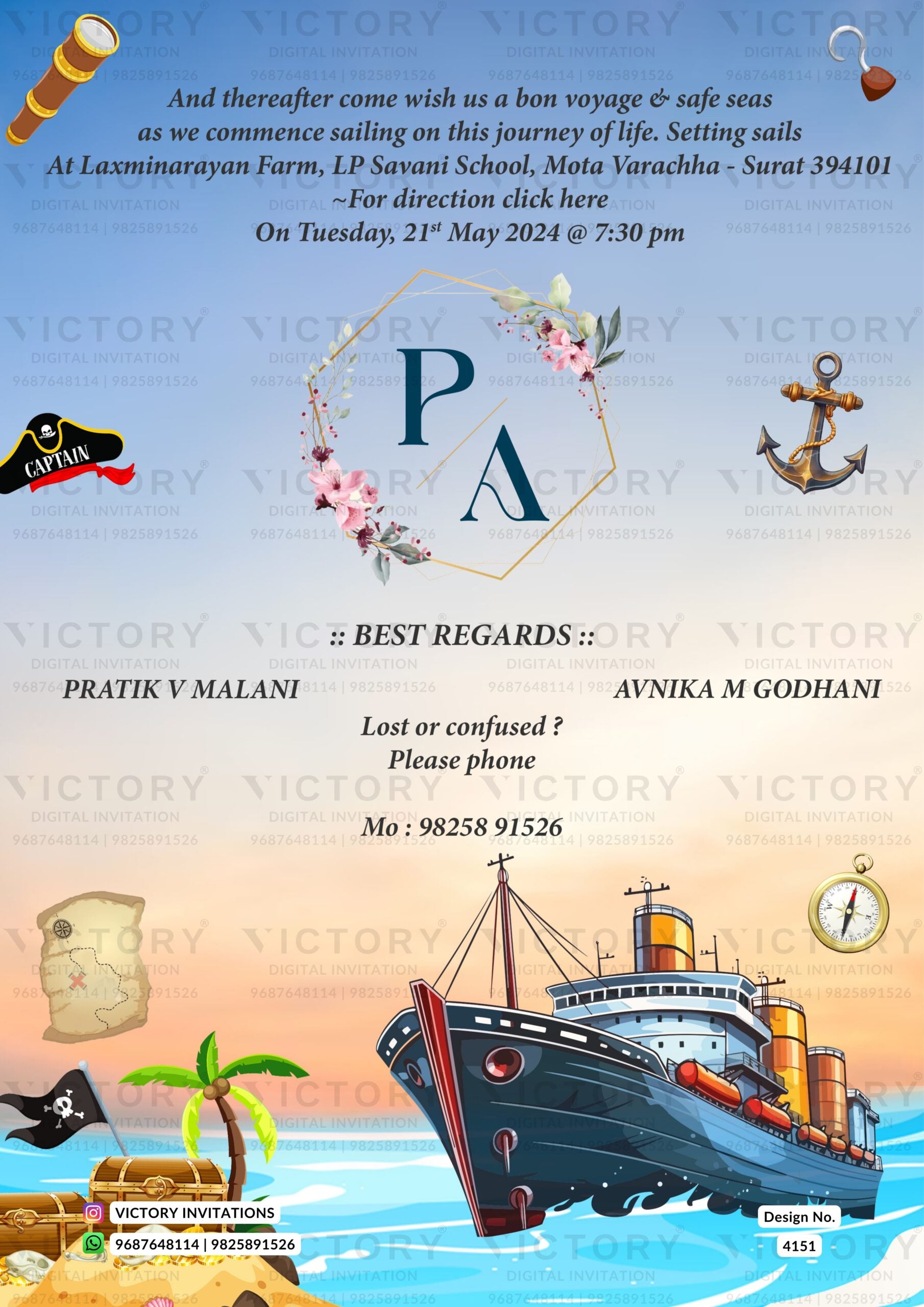 Wedding ceremony invitation card of hindu gujarati leuva family in english language with Navy theme design 4151