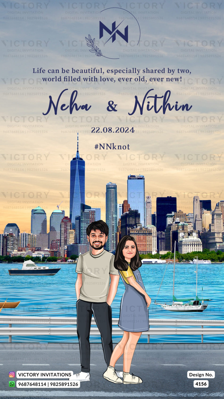 stylish couple caricature invitation card for wedding ceremony of hindu south indian kannada family in english language with Romantic theme design 4156