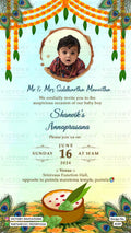 Annaprashan ceremony invitation card in english language with feathers, marigold garland as traditional theme design 4159
