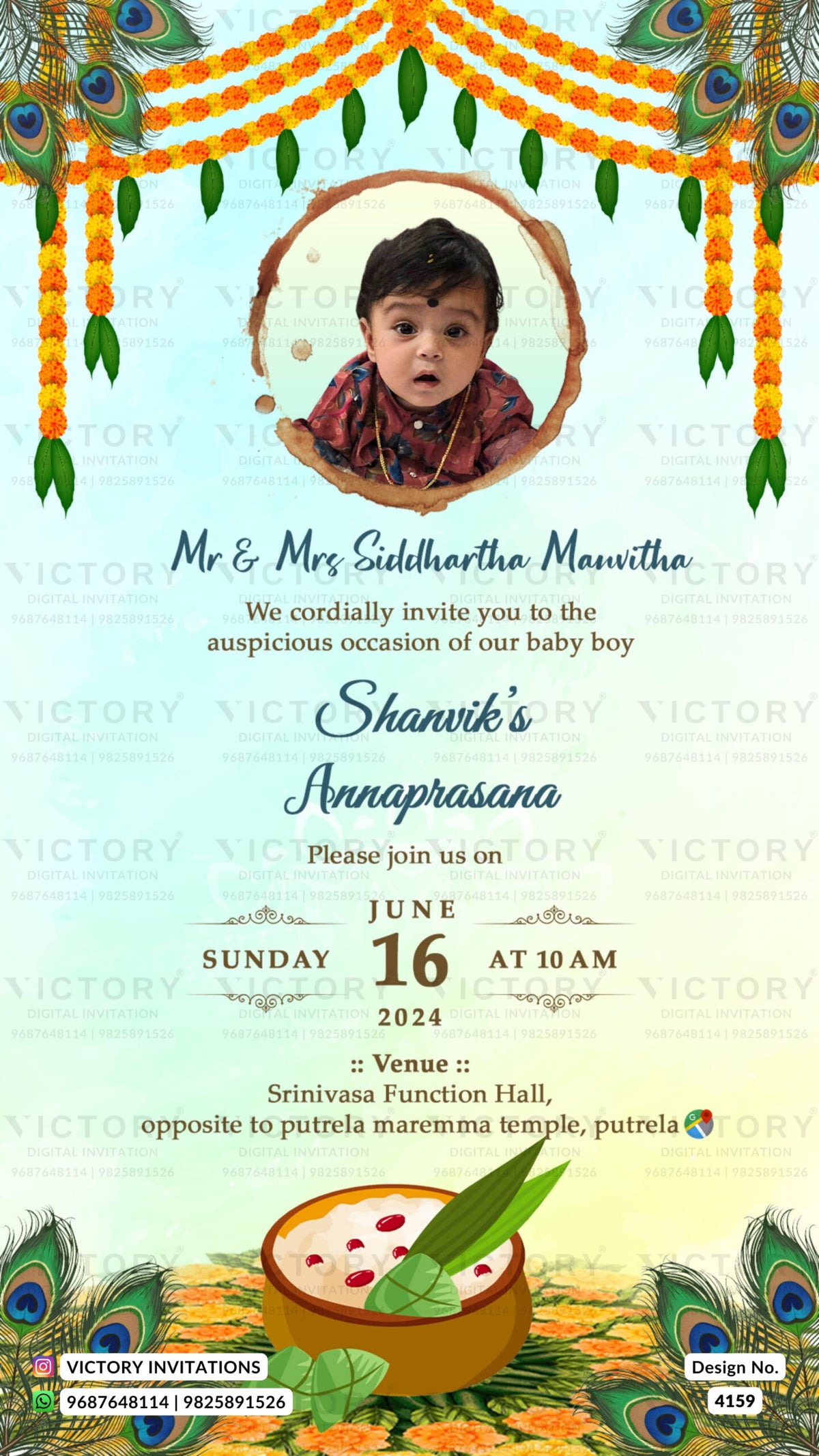 Annaprashan ceremony invitation card in english language with feathers, marigold garland as traditional theme design 4159
