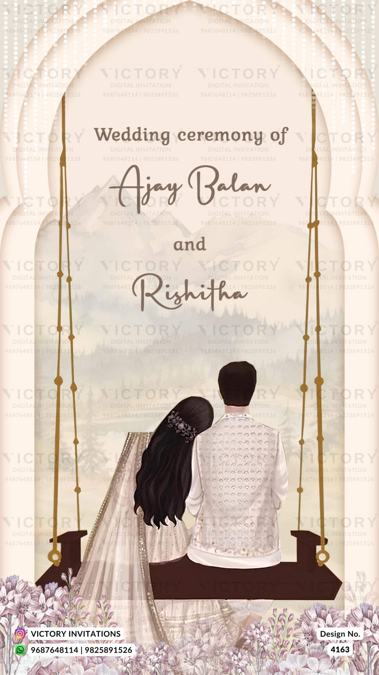 Wedding ceremony invitation card of hindu south indian tamil family in english language with vintage theme design 4163