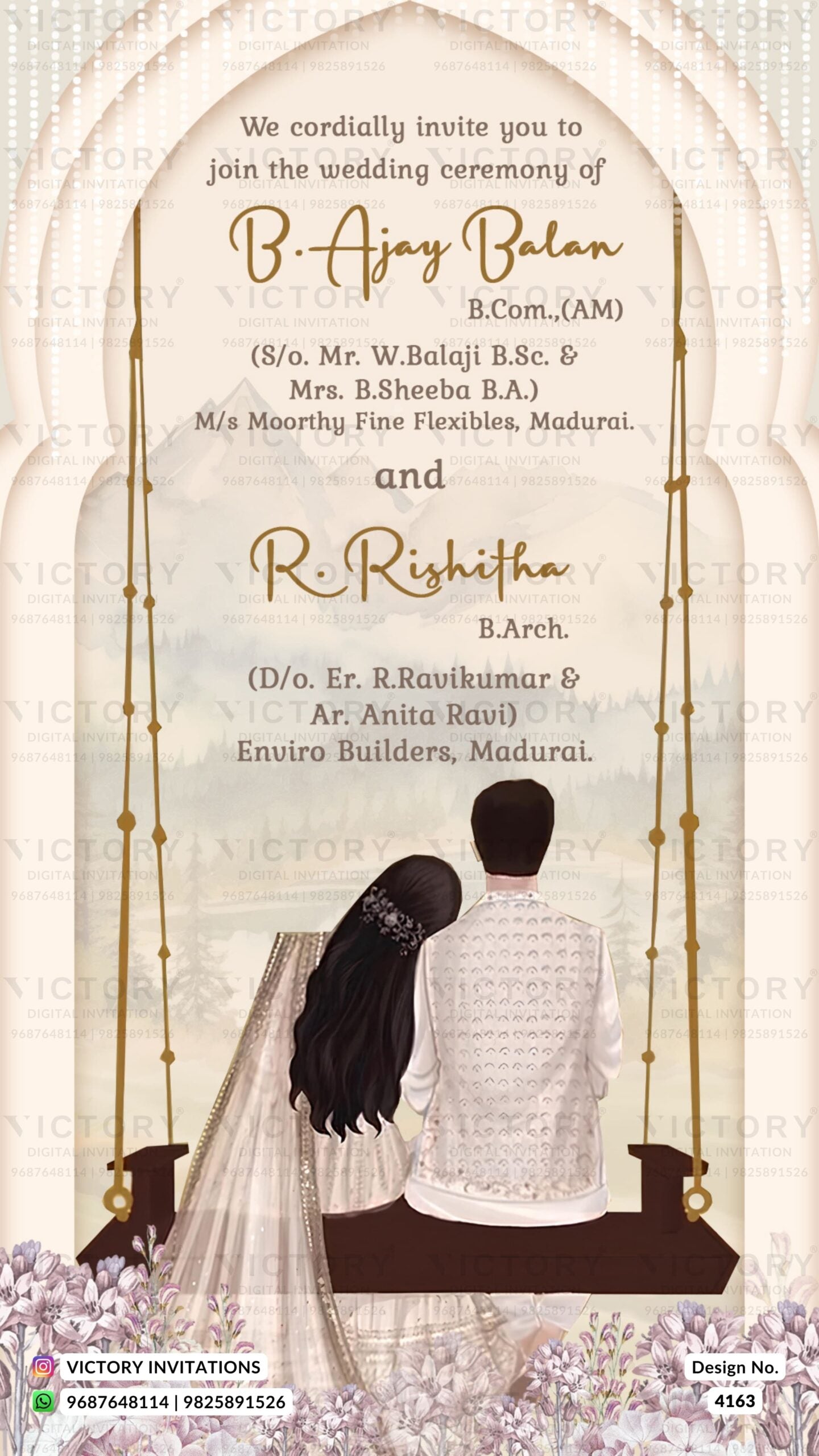 Wedding ceremony invitation card of hindu south indian tamil family in english language with vintage theme design 4163