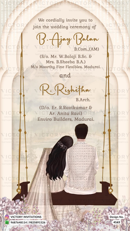 Wedding ceremony invitation card of hindu south indian tamil family in english language with vintage theme design 4163