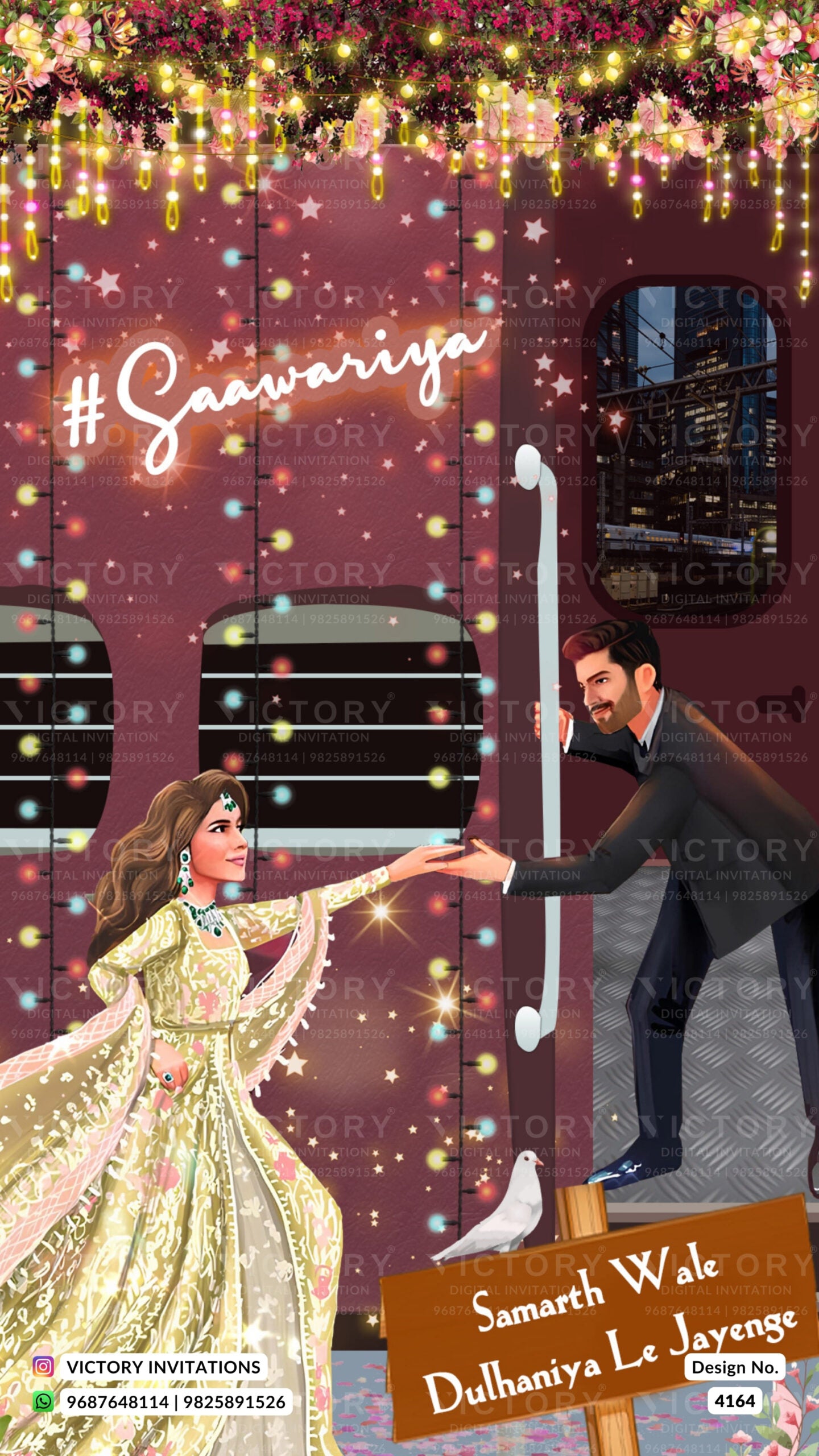 Wedding ceremony invitation card of hindu modern family in english language with Bollywood theme design 4164