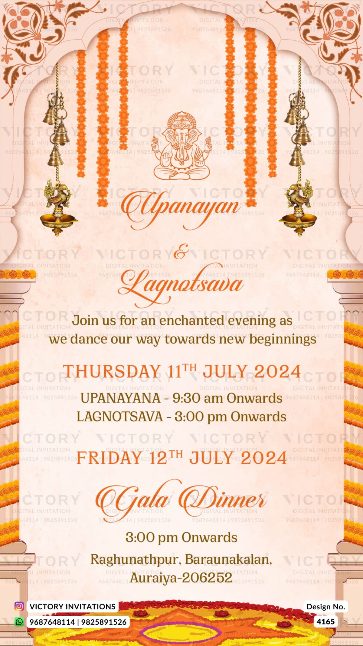 Wedding ceremony invitation card of hindu north indian bhojpuri family in english language with Traditional theme design 4165