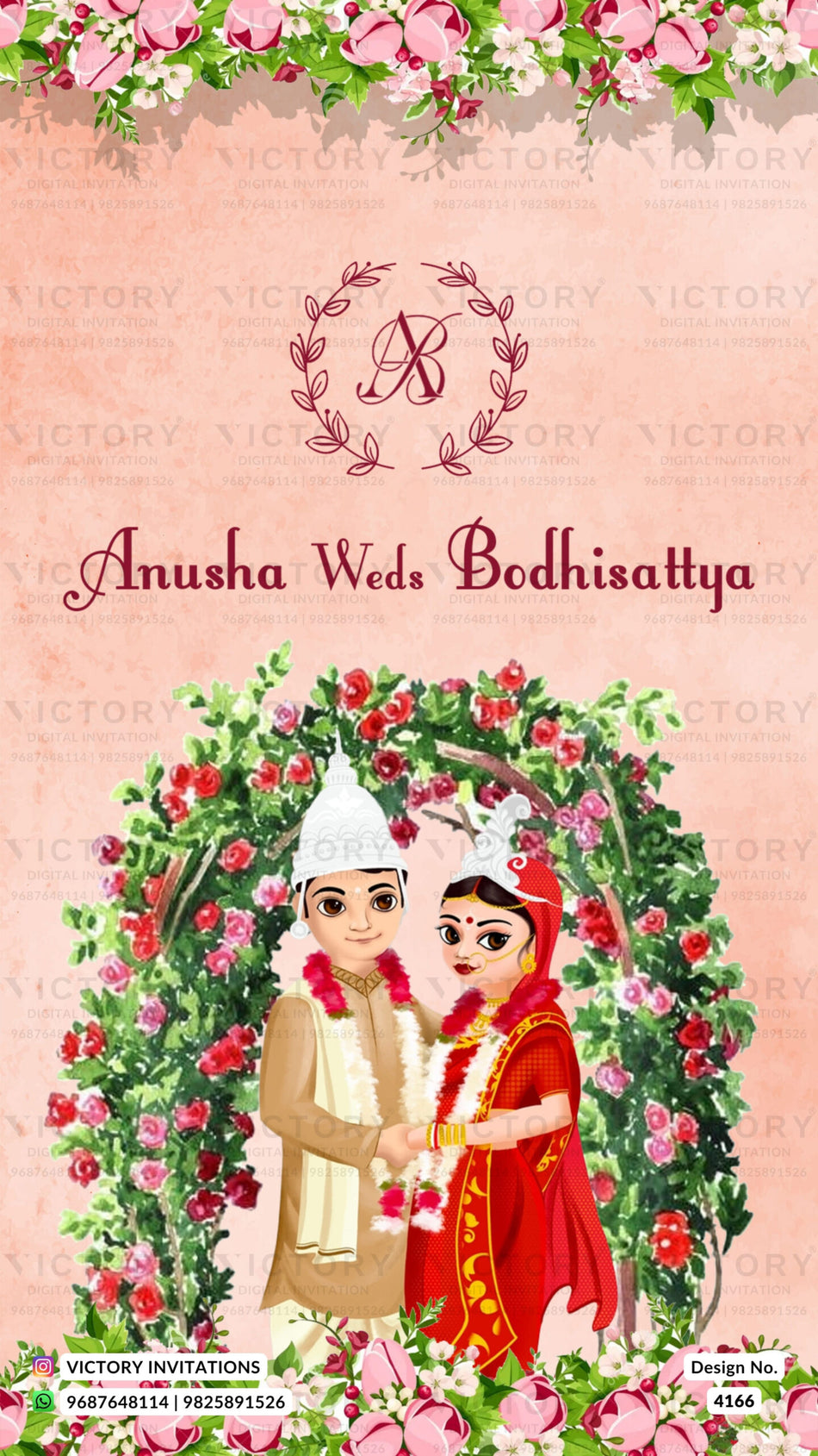 Wedding ceremony invitation card of hindu west bengal bengali family in english language with flower gate theme design 4166