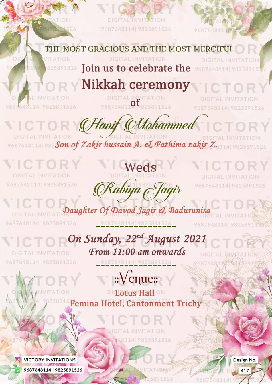 Nikah ceremony invitation video of Muslim family in english language with Floral theme design 417