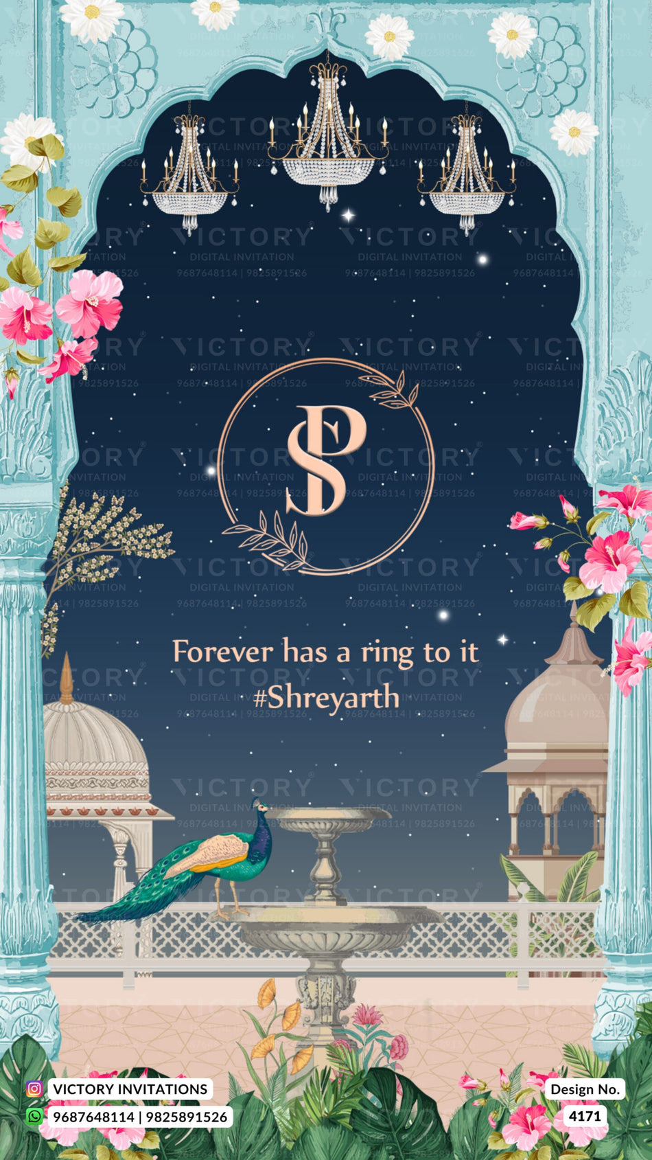 Engagement ceremony invitation card in english language with couple logo, peacock, fountain as traditional theme design 4171
