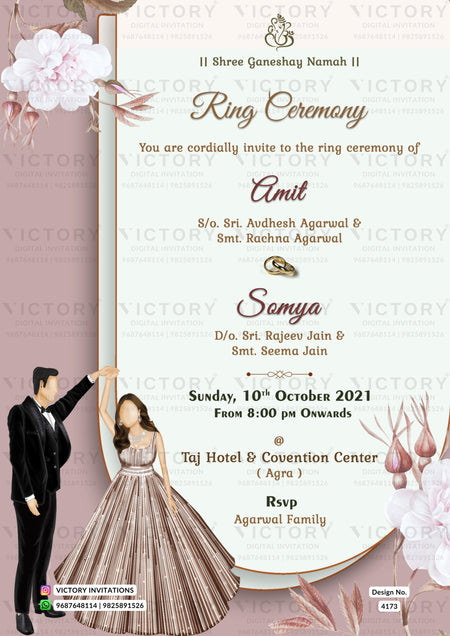 Engagement ceremony invitation card in english language with couple doodle, frame as minimalistic theme design 4173