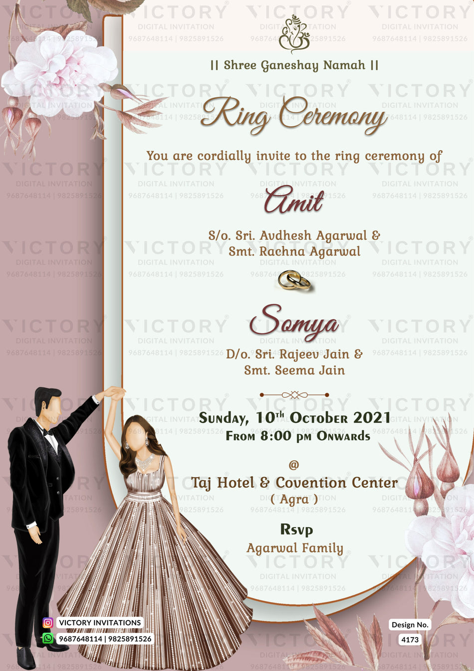 Engagement ceremony invitation card in english language with couple doodle, frame as minimalistic theme design 4173