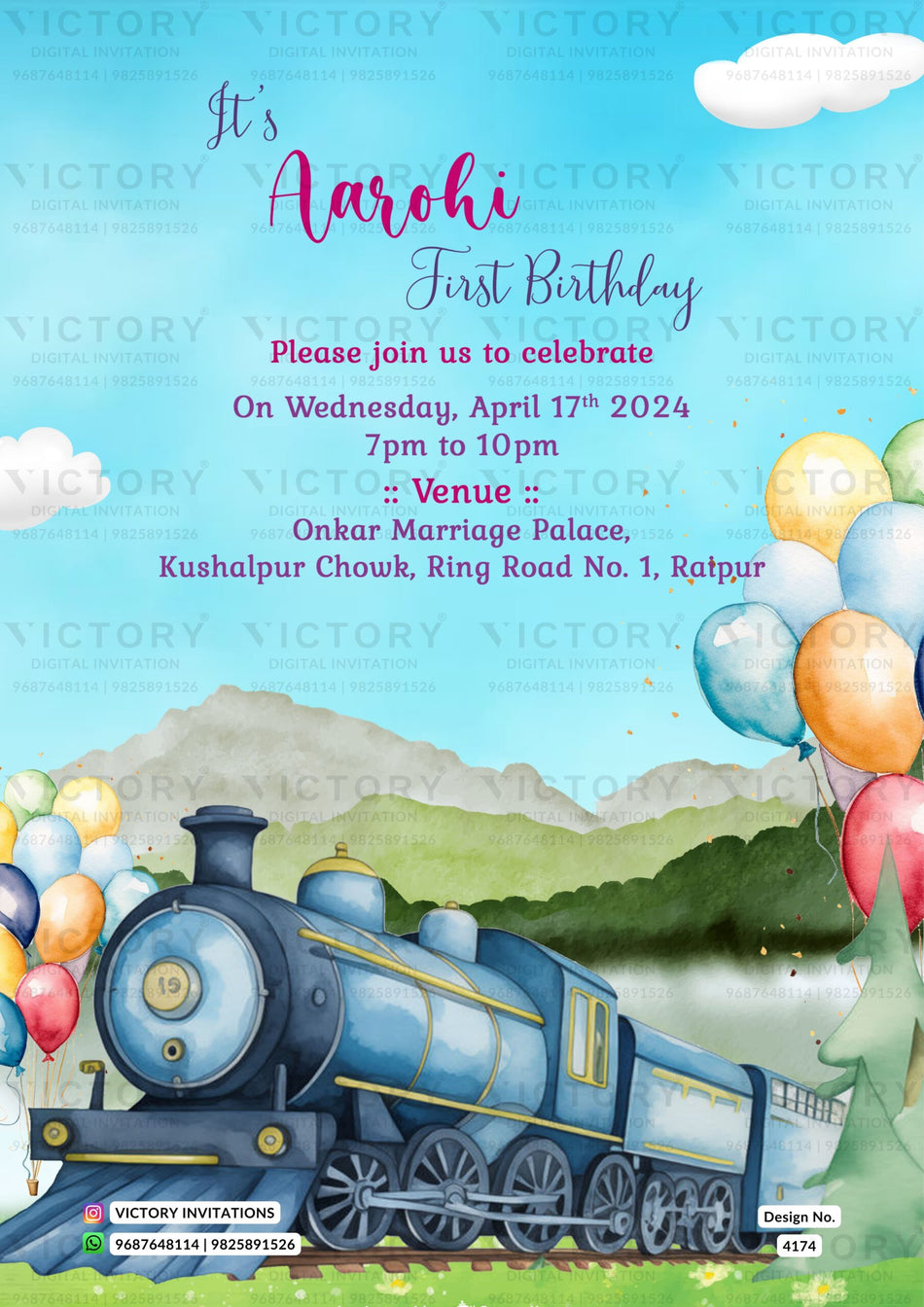 Birthday party invitation card in english language with train, cloud as balloons theme design 4174