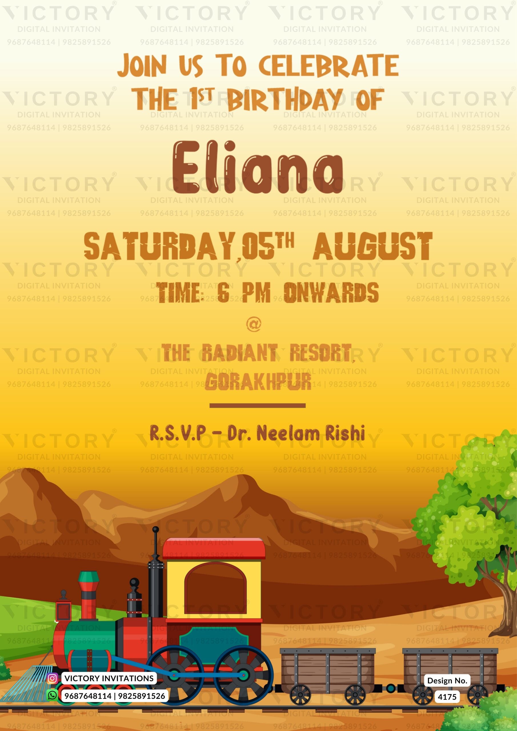 Birthday party invitation card for girl in english language with train as jungle theme design 4175