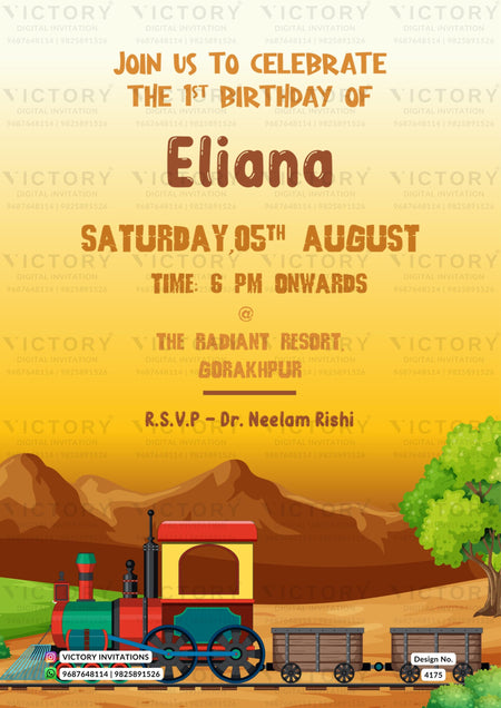 Birthday party invitation card for girl in english language with train as jungle theme design 4175