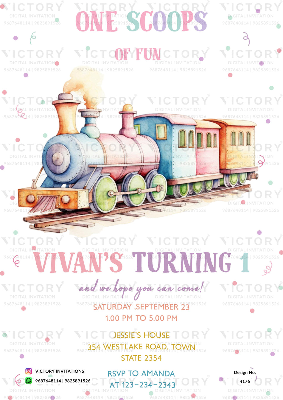 Birthday party invitation card in english language with train as minimalistic theme design 4176