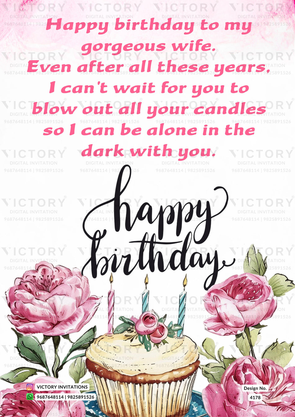 Birthday party greeting card in english language with cake, flower as minimalistic theme design 4178