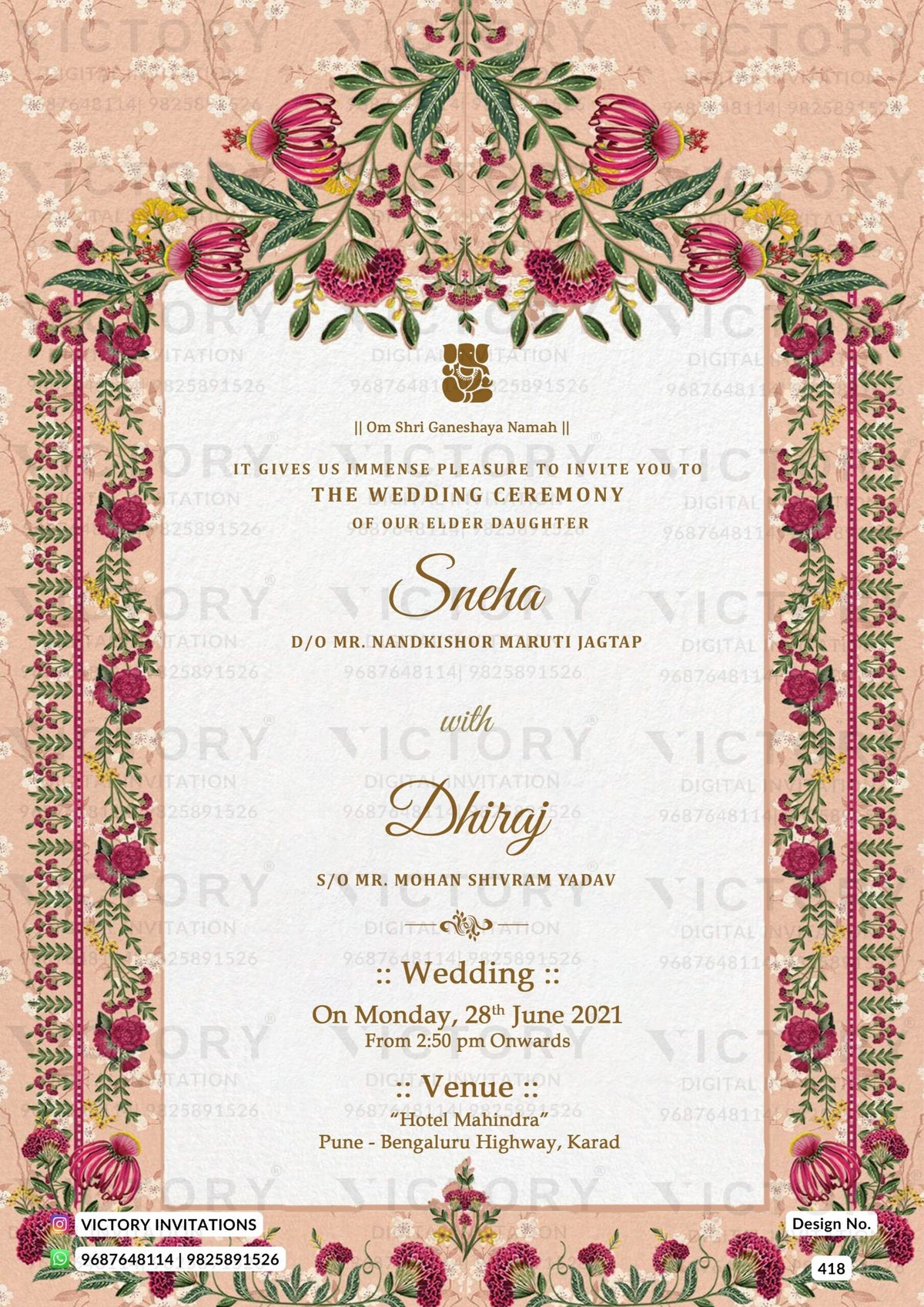 Wedding ceremony invitation video of hindu maharashtrian marathi family in english language with Floral gate theme design 418