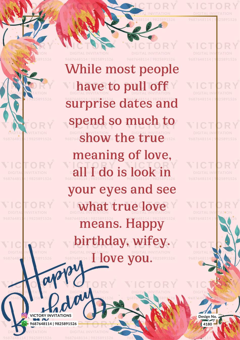 Birthday party greeting card in english language with flowers, frame as floral theme design 4180