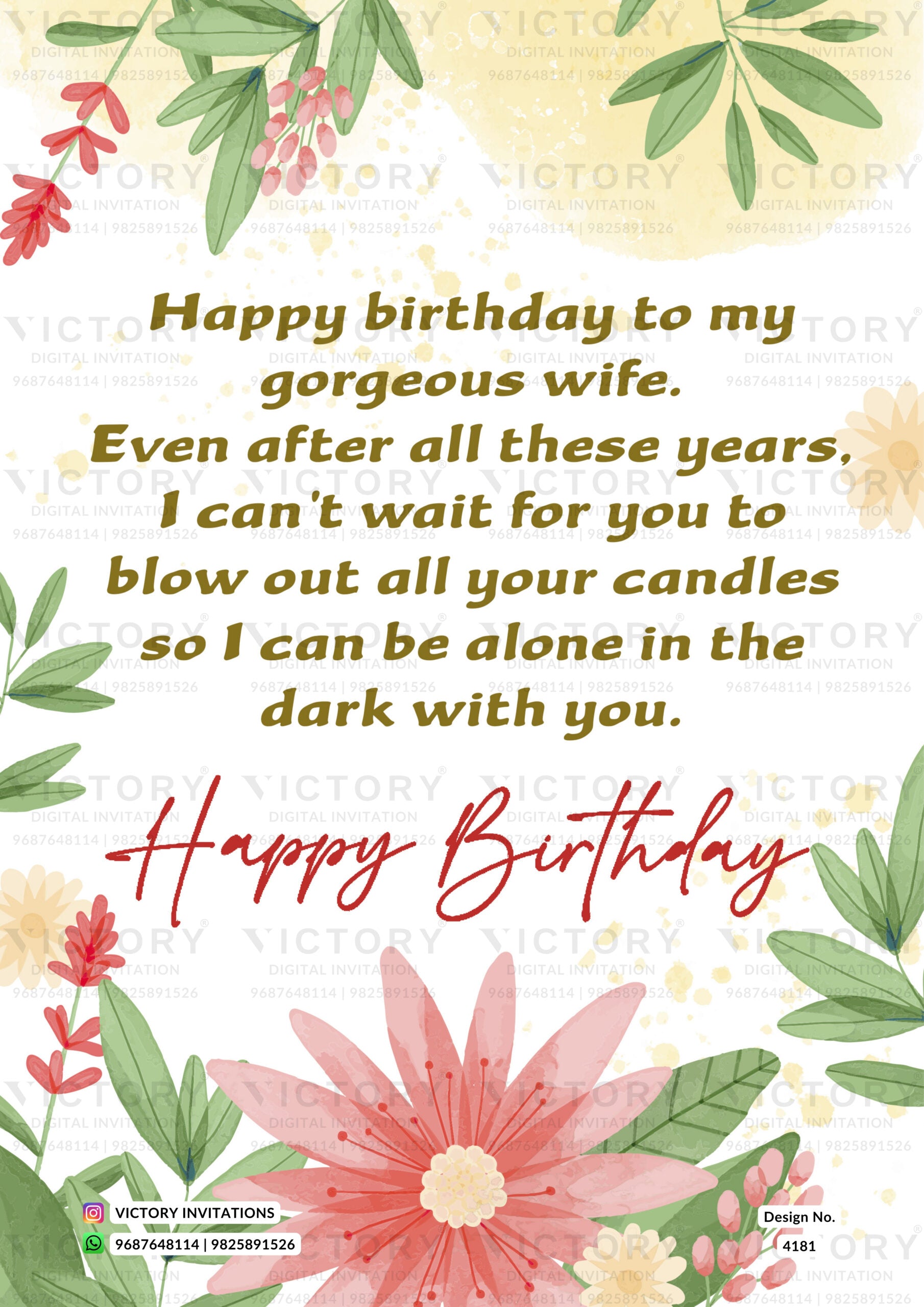 Birthday party greeting card in english language with flowers, leaves as floral theme design 4181