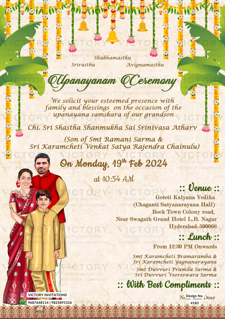 Young boy caricature invitation card for Upanayanam ceremony in english language with traditional theme design 4183