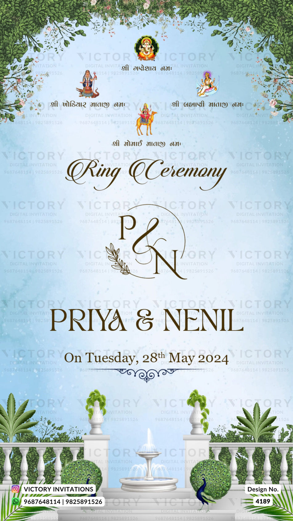 Chandla vidhi Engagement invitation card in english & gujarati language with fountain, peacock as traditional theme design 4189