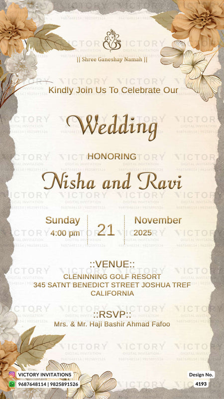 Wedding ceremony invitation card of hindu modern family in english language with floral theme design 4193
