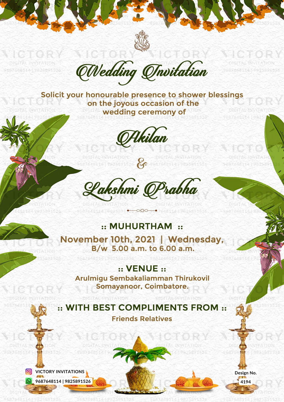 Wedding ceremony invitation card of hindu south indian tamil family in english language with floral theme design 4194