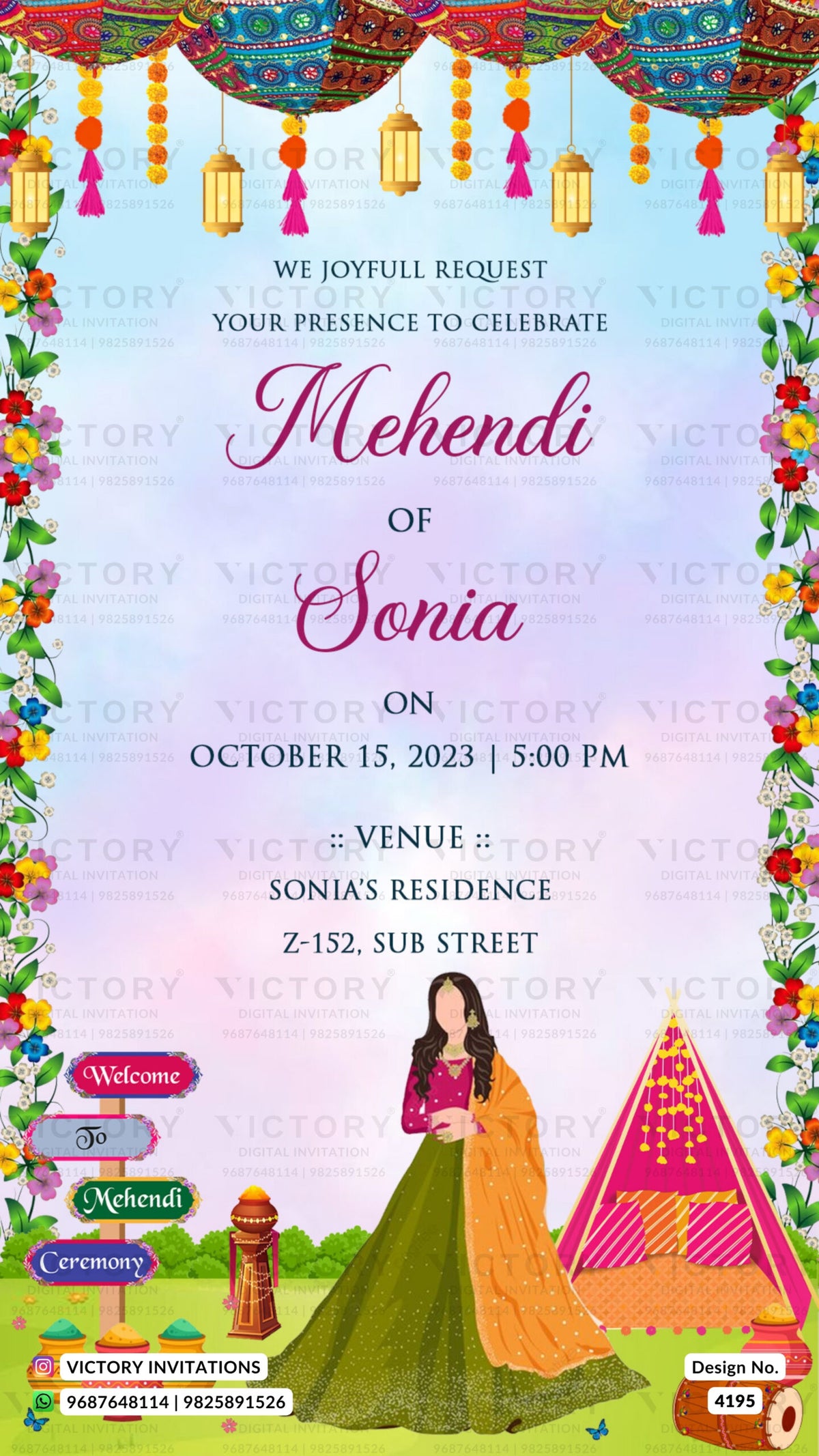 Mehendi ceremony invitation card in english language with umbrella, lantern, flower as garden theme design 4195