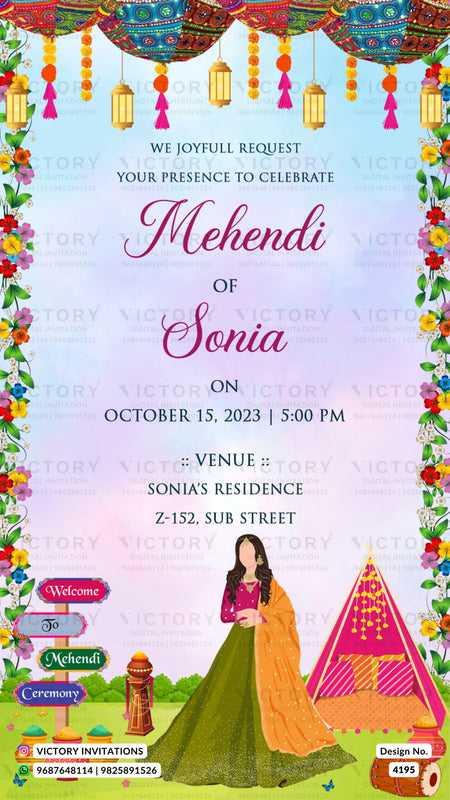 Mehendi ceremony invitation card in english language with umbrella, lantern, flower as garden theme design 4195