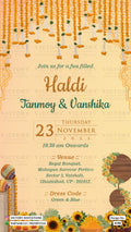 Haldi ceremony invitation card in english language with Marigold Garland, gate, as traditional theme design 4198