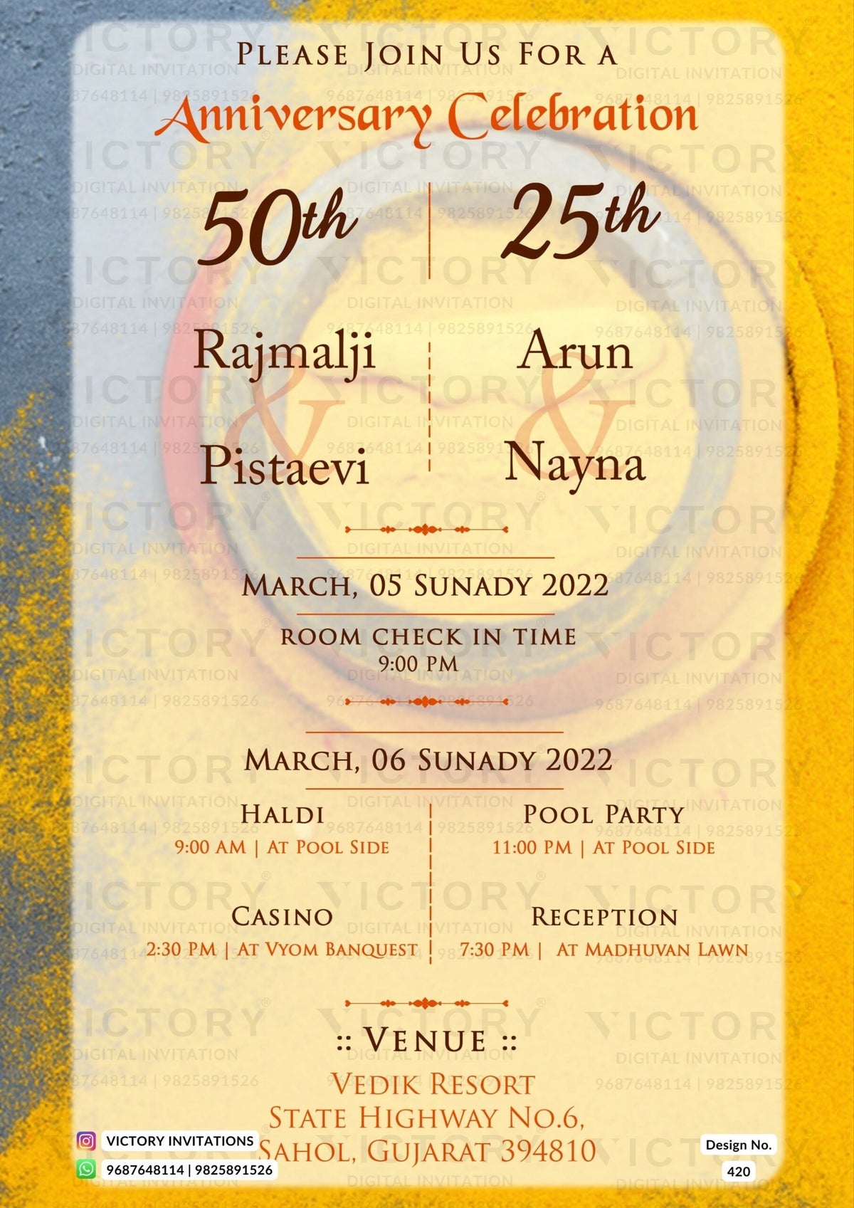25th & 50th Wedding Anniversary invitation card in English language with frame as vintage theme design 420